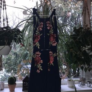 Floor length navy blue floral dress